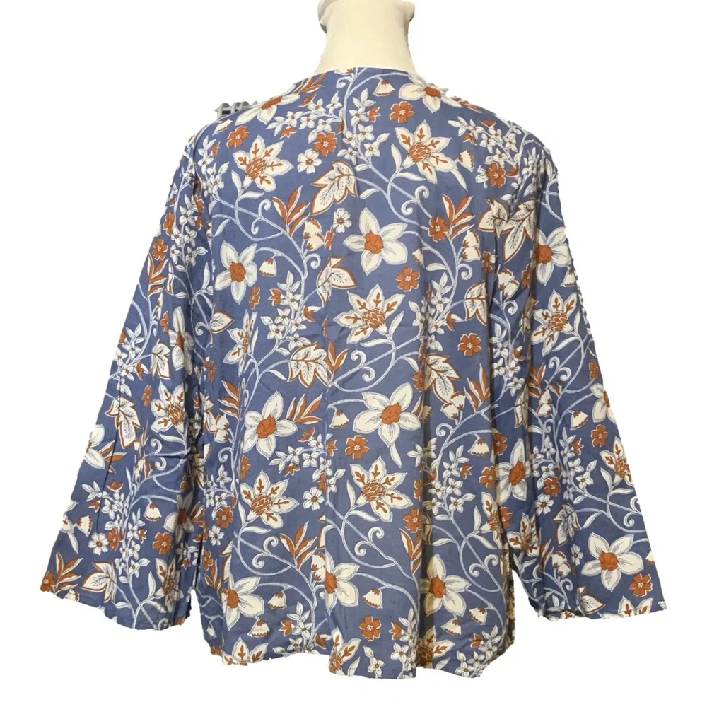 A.N.A. Blue Floral/Leaf Print Faux Wrap 3/4 Flare Sleeve V-Neck Casual Blouse - Picture 2 of 6